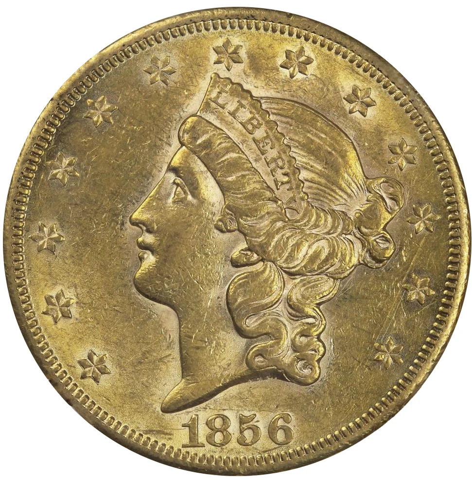 Liberty Head Double Eagle — Type I No Motto obverse — 1856-S Type I Liberty Head double eagle, without reverse motto and with TWENTY D. denomination