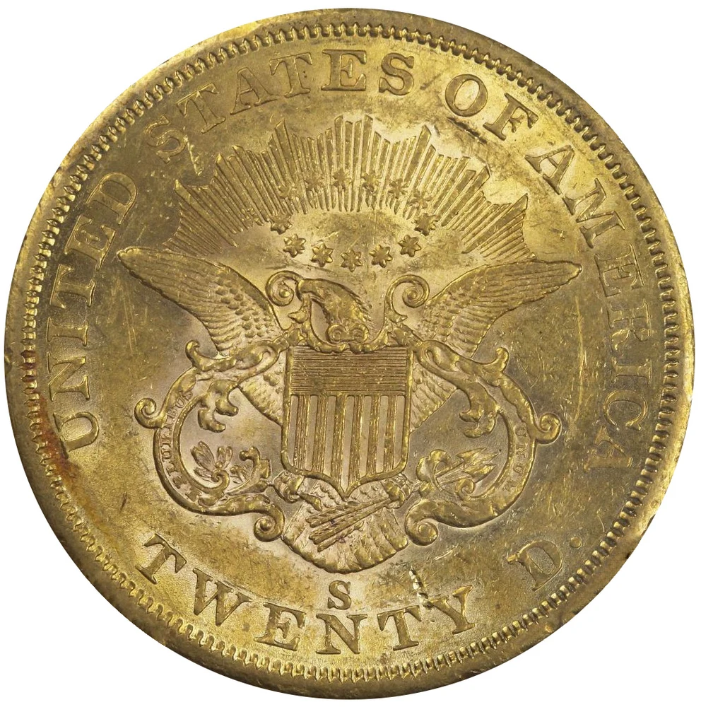 Liberty Head Double Eagle — Type I No Motto reverse — 1856-S Type I Liberty Head double eagle, without reverse motto and with TWENTY D. denomination