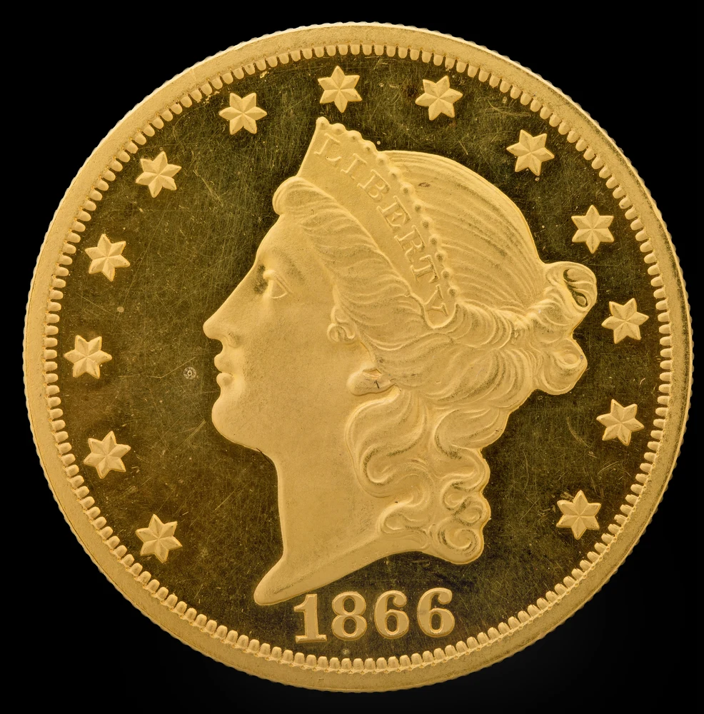 Liberty Head Double Eagle — Type II Motto, TWENTY D. obverse — 1866 Type II Liberty Head double eagle with motto and TWENTY D. reverse