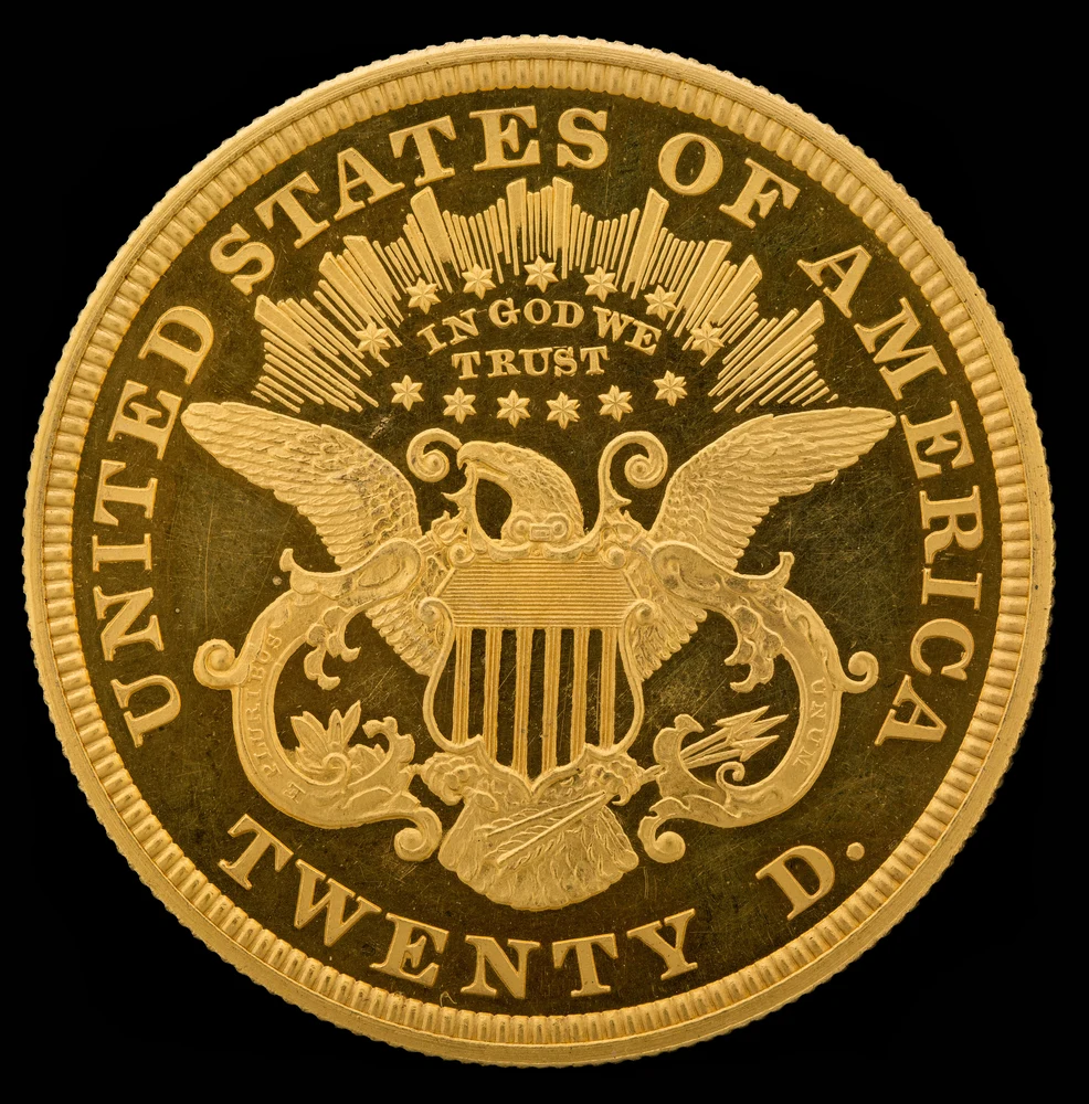 Liberty Head Double Eagle — Type II Motto, TWENTY D. reverse — 1866 Type II Liberty Head double eagle with motto and TWENTY D. reverse