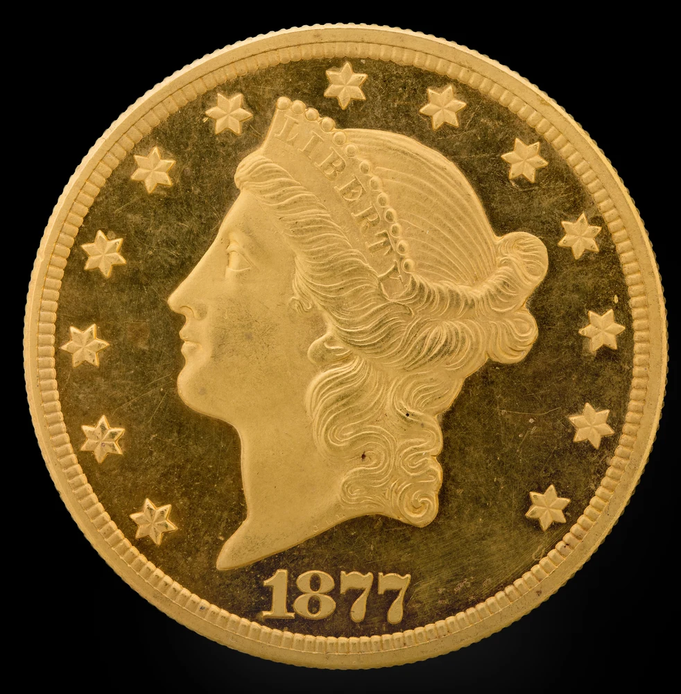 Liberty Head Double Eagle — Type III TWENTY DOLLARS obverse — 1877 Type III Liberty Head double eagle with TWENTY DOLLARS reverse