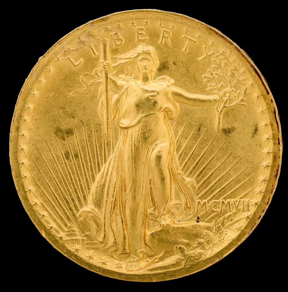 Saint-Gaudens Double Eagle — 1907 Roman-Date High Relief obverse — 1907 Roman-date high-relief Saint-Gaudens double eagle, excluding ultra-high-relief patterns and the 2009 coin