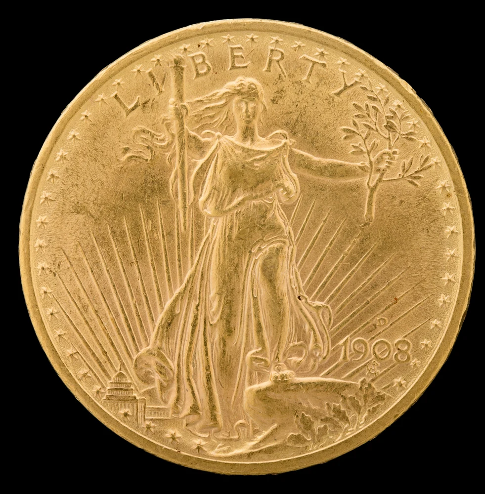 Saint-Gaudens Double Eagle — Original Regular Relief obverse — 1908-D regular-relief Saint-Gaudens double eagle with Arabic date and motto; no-motto original issues differ