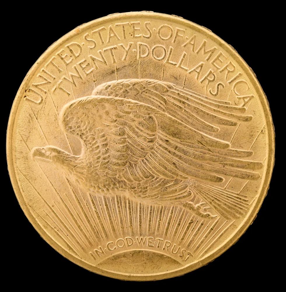 Saint-Gaudens Double Eagle — Original Regular Relief reverse — 1908-D regular-relief Saint-Gaudens double eagle with Arabic date and motto; no-motto original issues differ