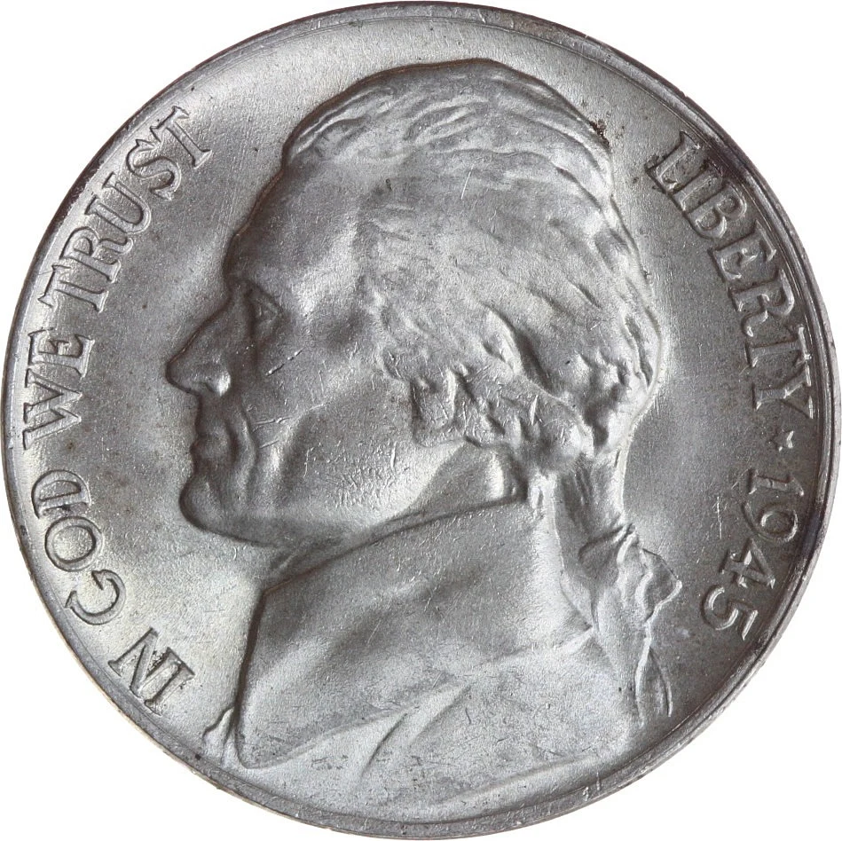 Wartime Jefferson Nickel — 35% Silver obverse — 1945-P wartime silver-alloy Jefferson nickel, representative of the large-mint-mark 1942–1945 type