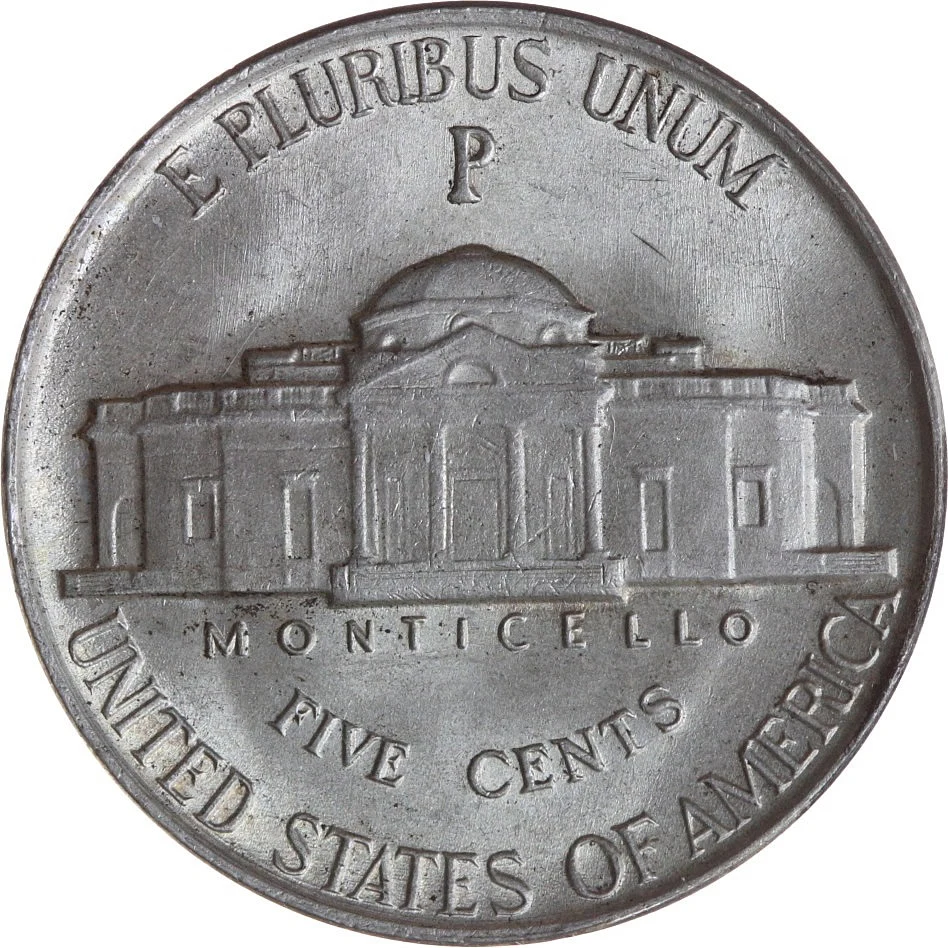 Wartime Jefferson Nickel — 35% Silver reverse — 1945-P wartime silver-alloy Jefferson nickel, representative of the large-mint-mark 1942–1945 type