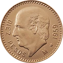Mexico 10 peso gold reverse showing Hidalgo and 1959