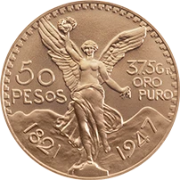 Mexico 50 peso Centenario gold reverse showing Winged Victory, 50 PESOS and 1821–1947