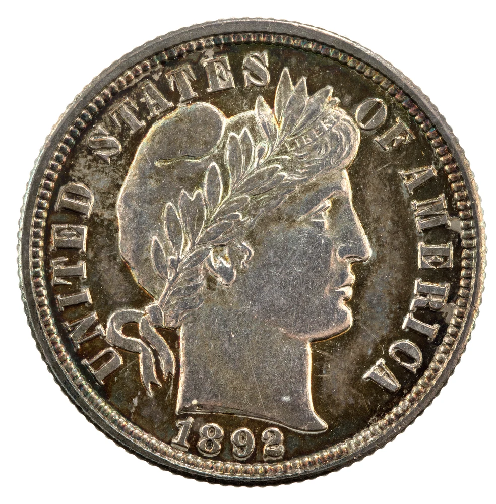 Barber Dime obverse — 1892 Barber dime from the National Numismatic Collection, representative of the 1892–1916 type