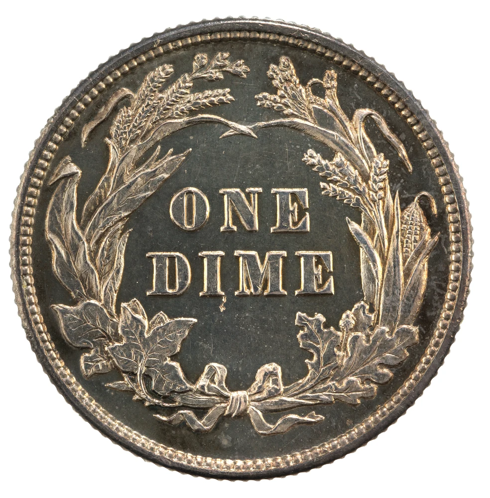 Barber Dime reverse — 1892 Barber dime from the National Numismatic Collection, representative of the 1892–1916 type