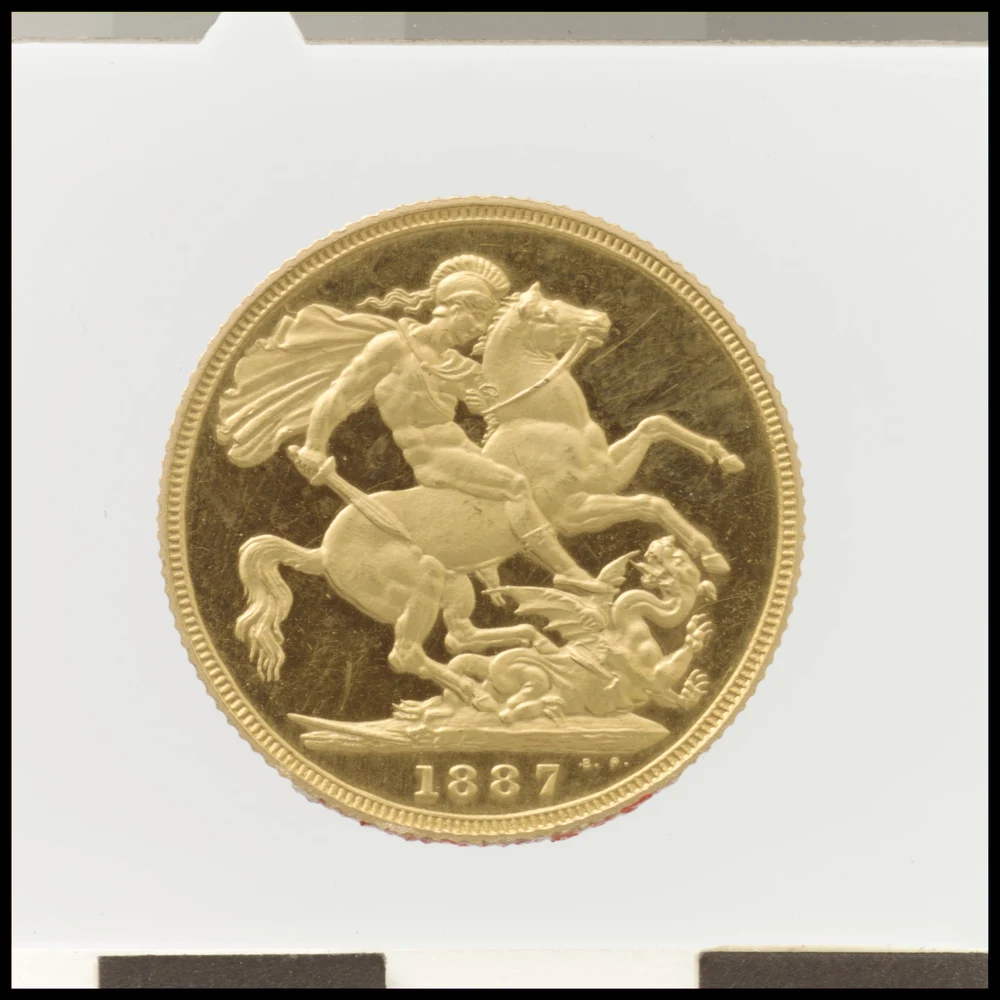 Victoria Jubilee Head Gold Sovereign reverse — 1887 Victoria Jubilee-head proof full sovereign; proof specimen does not represent all finishes; Met accession 2000.601.11