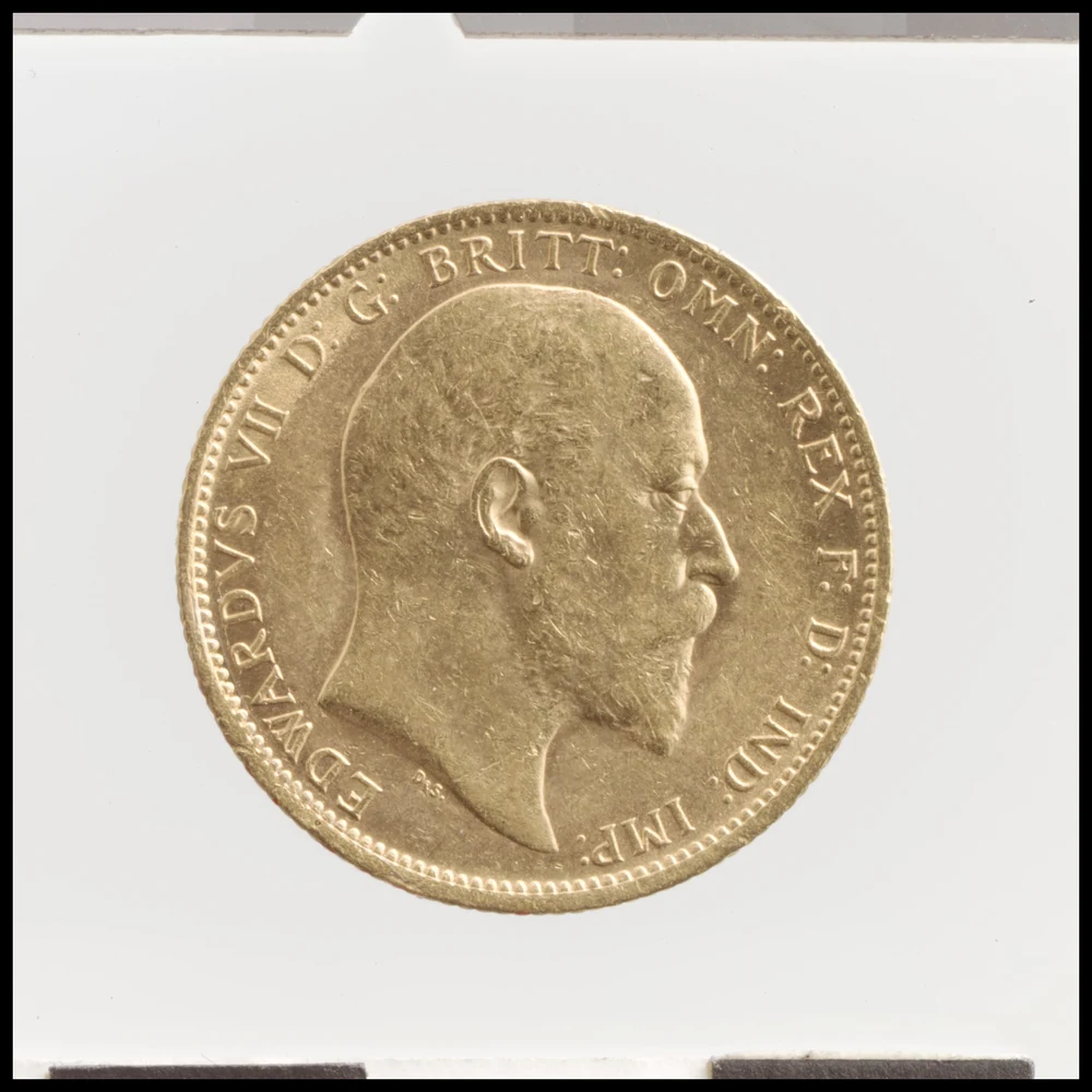 Edward VII Gold Sovereign obverse — 1902 Edward VII full sovereign; Met accession 2001.217.21