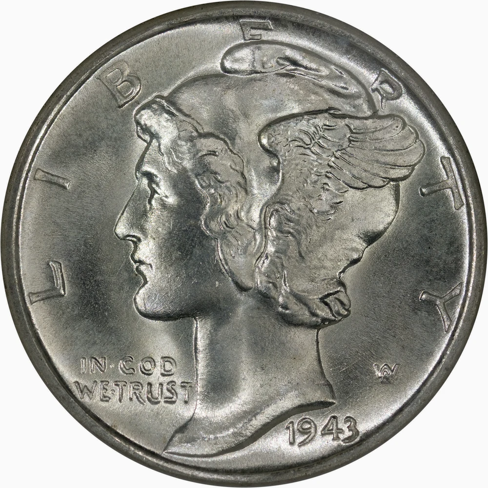 Mercury Dime — Winged Liberty obverse — 1943-D Mercury dime, representative of original silver circulation issues
