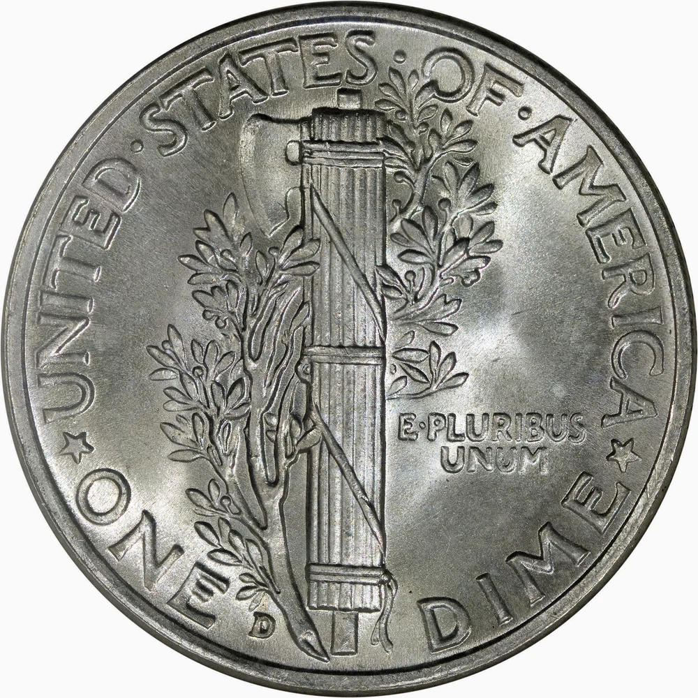 Mercury Dime — Winged Liberty reverse — 1943-D Mercury dime, representative of original silver circulation issues