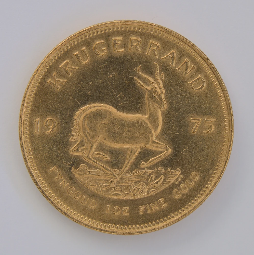 South African Gold Krugerrand, One Ounce reverse: 1975 springbok, 1 OZ FINE GOLD