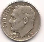 1953-D original silver Roosevelt dime obverse: Left-facing Roosevelt, LIBERTY, IN GOD WE TRUST and date 1953; complete rim