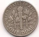 1953-D original silver Roosevelt dime reverse: Torch with olive and oak branches, ONE DIME and D near torch base; complete rim