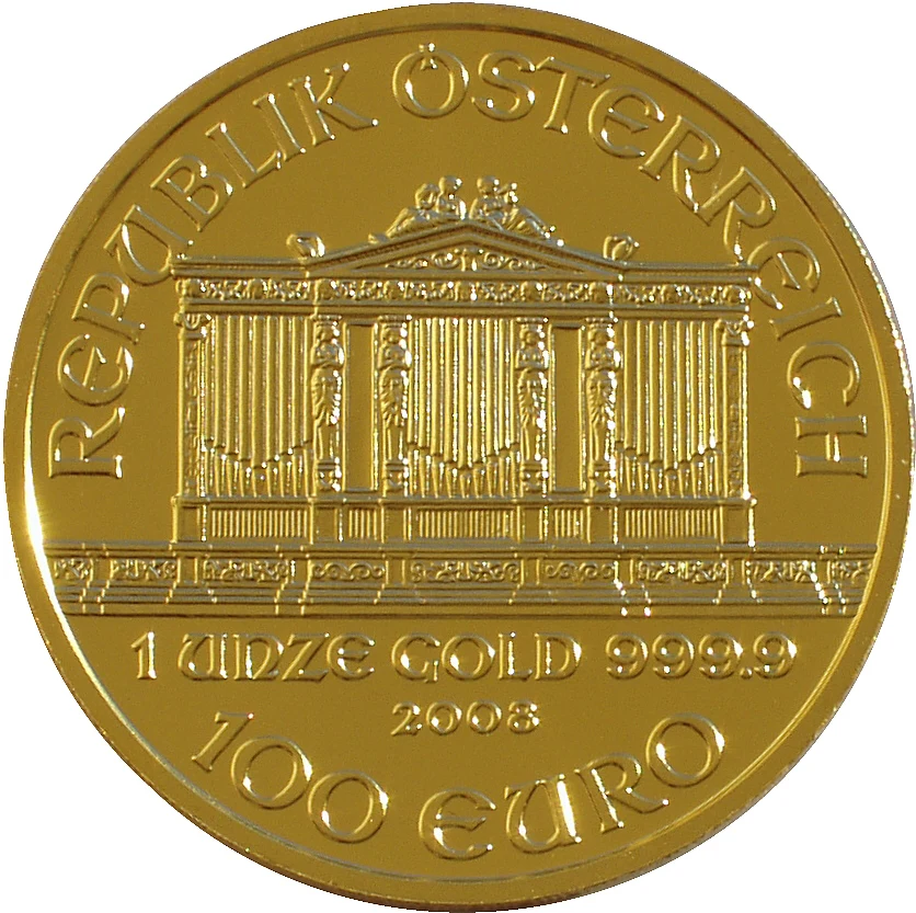 Austrian Gold Philharmonic, One Ounce obverse: 2008 organ, GOLD 999.9 and 100 EURO