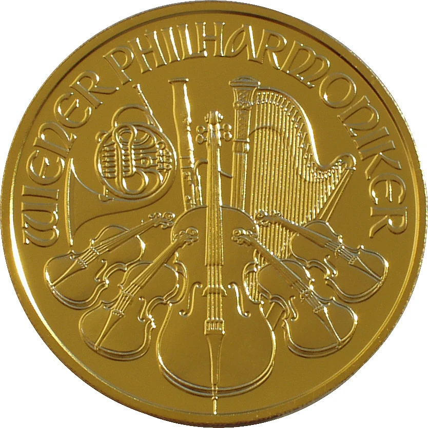 Austrian Gold Philharmonic, One Ounce reverse: orchestral instruments and WIENER PHILHARMONIKER