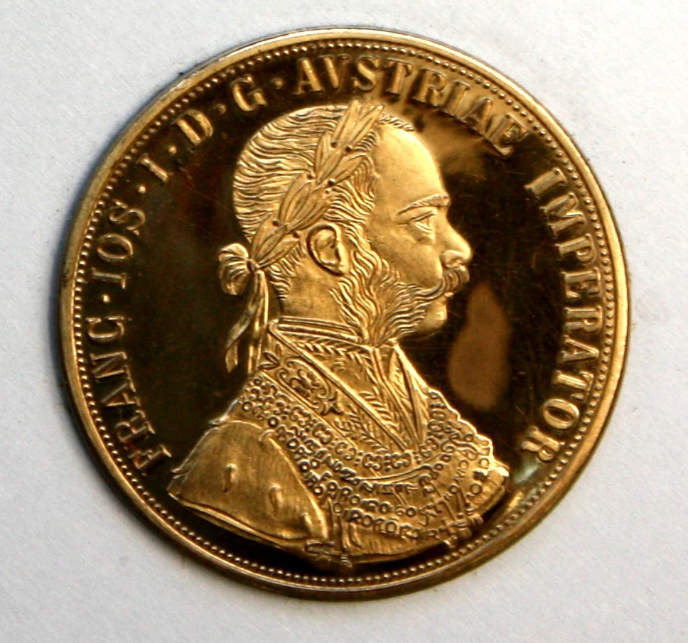 Austrian Four Ducat Gold Restrike obverse: Franz Joseph laureate armored bust right