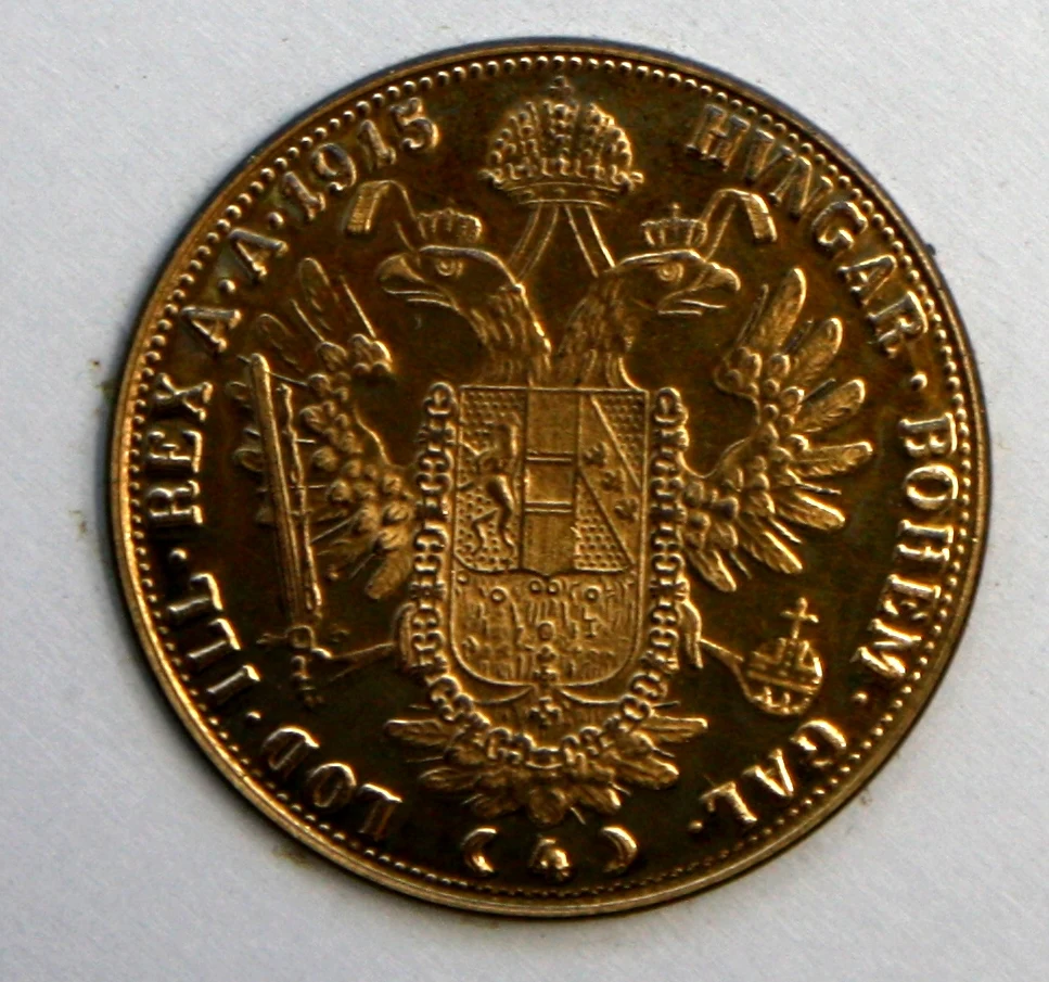 Austrian Four Ducat Gold Restrike reverse: 1915 imperial double-headed eagle and (4)