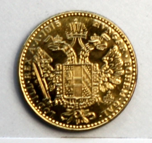 Austrian One Ducat Gold Restrike reverse: 1915 double-headed eagle one-ducat design