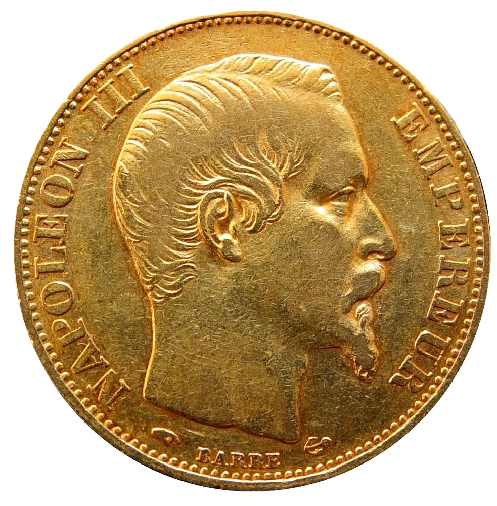 Napoleon III French Gold 20 Francs obverse — 1856-A twenty francs, bare-head Napoleon III and wreath reverse; Paris A mint mark. Siren-Com is the own-work photographer/uploader attribution, Jacques-Jean Barre the coin designer.