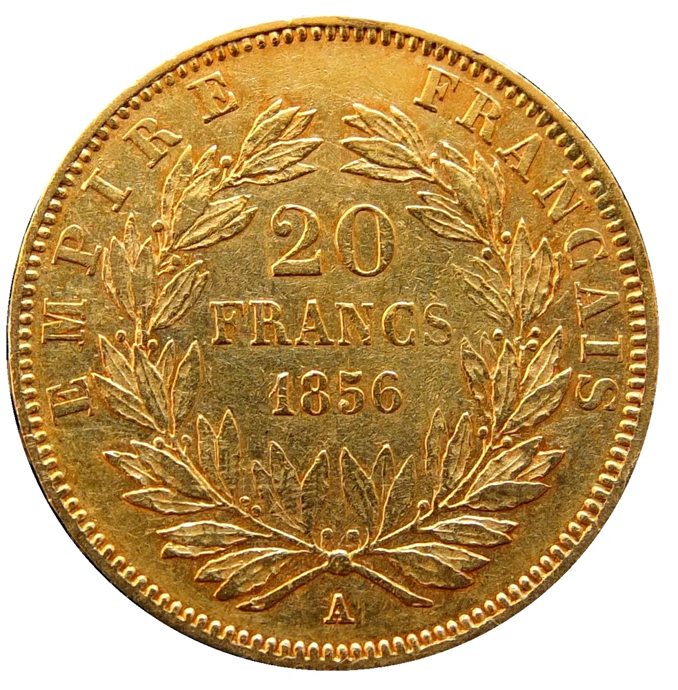 Napoleon III French Gold 20 Francs reverse — 1856-A twenty francs, bare-head Napoleon III and wreath reverse; Paris A mint mark. Siren-Com is the own-work photographer/uploader attribution, Jacques-Jean Barre the coin designer.