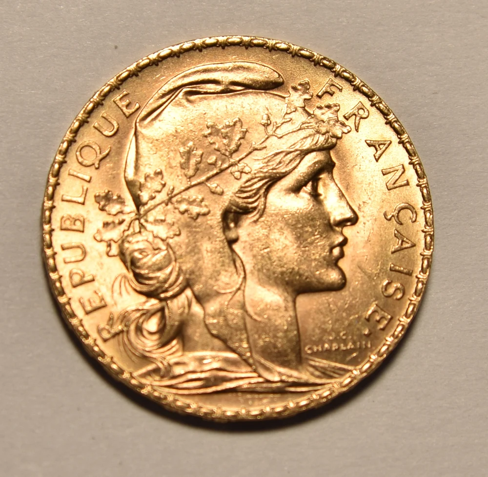 French Marianne Rooster Gold 20 Francs obverse — 1908 twenty-franc Marianne/Rooster reference. The face date cannot establish original striking versus an official later restrike.