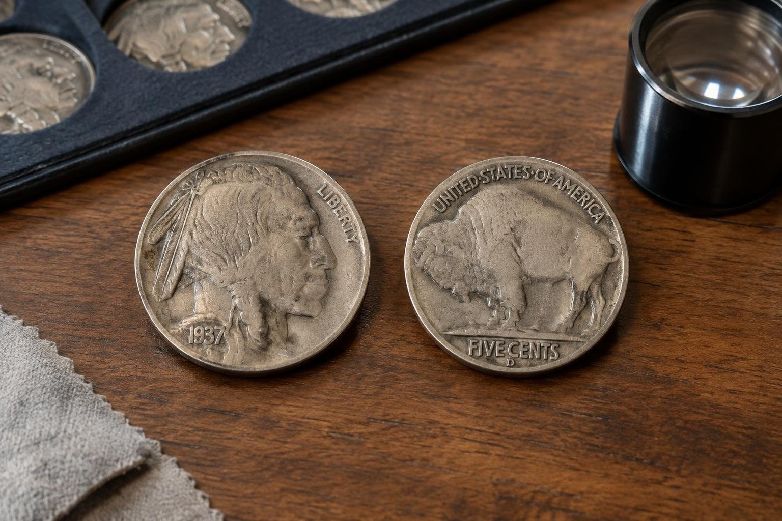 A clearly photographed Buffalo nickel showing the date on the obverse and the mintmark area on the reverse Two worn five-cent coins lie side by side on a wooden table, with a coin tray, metal magnifier, and soft cloth nearby.