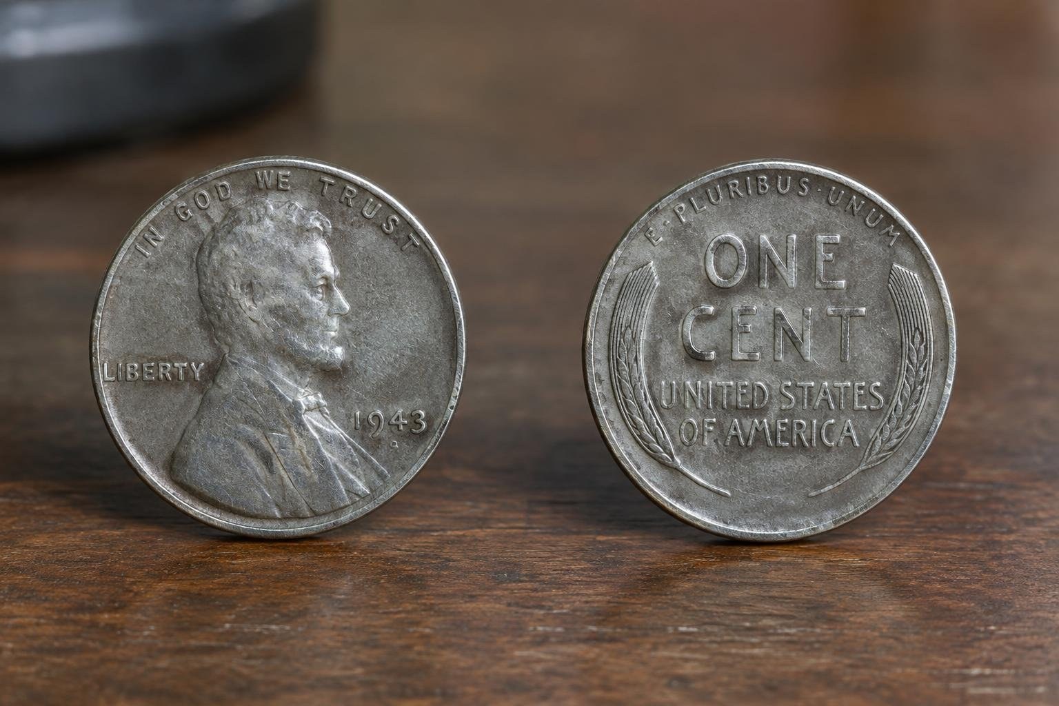 Two worn coins stand upright on a wooden surface, one showing a profile portrait and the other a wreath and denomination.