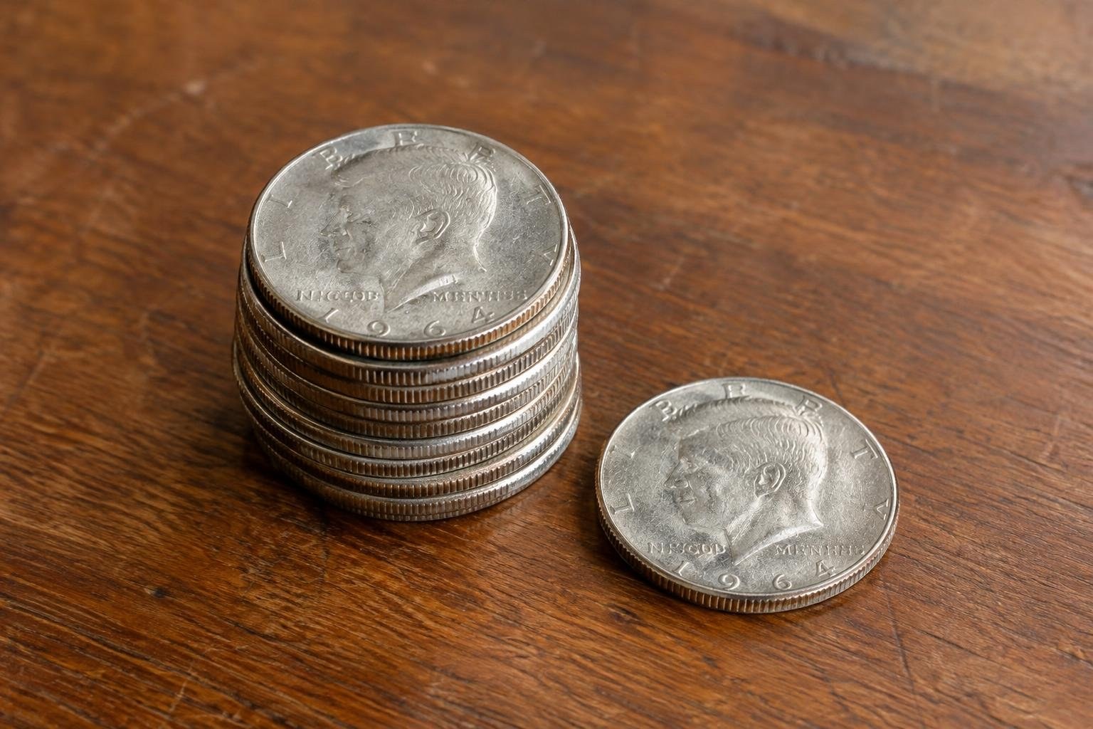 A clear, properly licensed image showing both sides of a Kennedy half dollar A stack of silver-colored coins and one loose coin sit on a wooden tabletop.