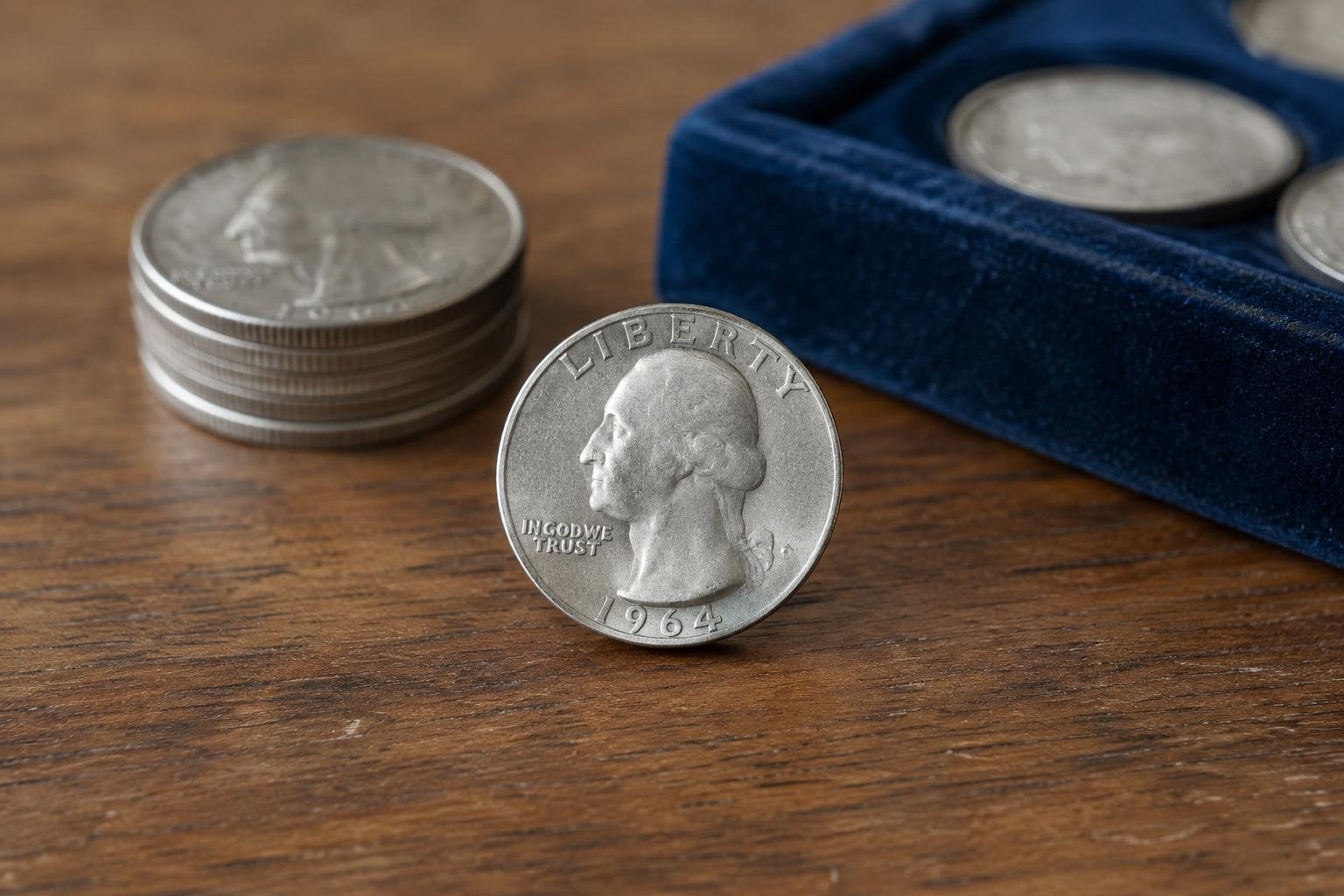A 1964 quarter stands upright on a wooden tabletop, with a stack of coins and a blue velvet coin holder containing coins behind it.